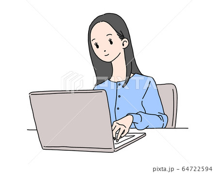 パソコン 女性 ロングヘア肌色 黒髪 イラスト 青色 カーデ 64722594
