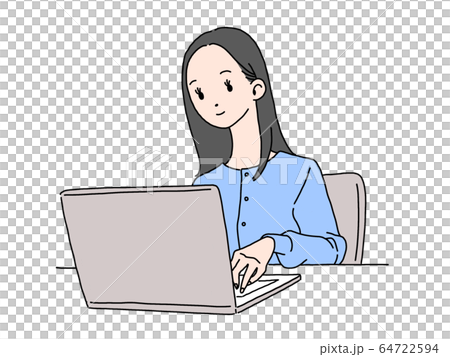 パソコン 女性 ロングヘア肌色 黒髪 イラスト 青色 カーデ 64722594