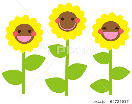 笑顔のかわいい花ひまわり3本のイラスト素材