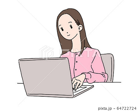 パソコン 女性 ロングヘア 茶髪 イラスト ピンク色 カーデのイラスト素材