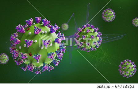 Low poly render of the coronavirus model on a green background. Stylized colorful medical illustration of the COVID-19 infection.  64723852