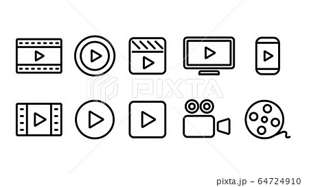 ビデオ動画再生ボタンのアイコン複数セット線画イラスト白黒のイラスト素材