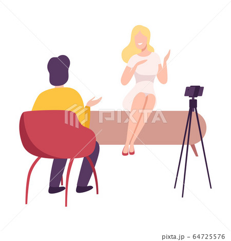 Businesswoman or Famous Celebrity Giving an Interview in the Presence of Journalist with Camera at Press Conference, Live Report Flat Vector Illustration Businesswoman or Famous Celebrity Giving an Interview in the Presence of Journalist with Camera at Press Conference, Live Report Flat Vector Illustration 64725576