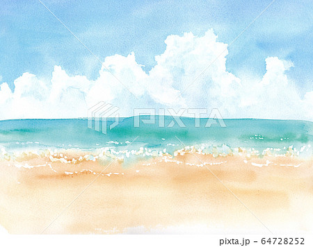 夏の積乱雲の空と砂浜 水彩イラストのイラスト素材