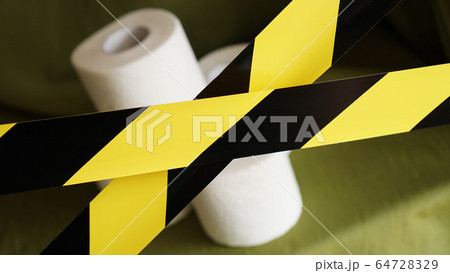 Stop panic - coronavirus. Toilet paper behind the tape Stop panic - coronavirus. Toilet paper behind the tape 64728329