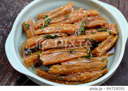 delicious food from vegetable protein, tofu skin cook with sauce, healthy food for vegan delicious food from vegetable protein, tofu skin cook with sauce, healthy food for vegan 64729291
