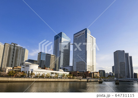 都市風景 運河沿い桜並木と高層ビル群 東京都中央区晴海 都市風景 運河沿い桜並木と高層ビル群 東京都中央区晴海 64731115