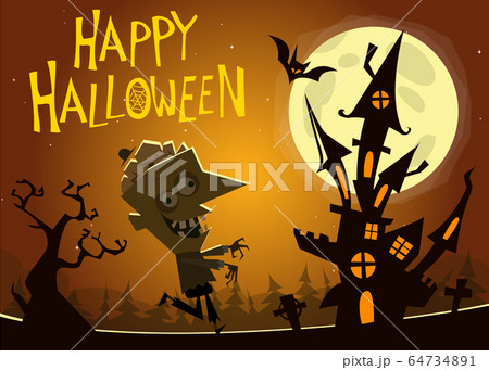 Scary cartoon haunted house on night background Scary cartoon haunted house on night background 64734891