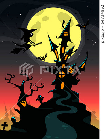 Scary cartoon haunted house on night background Scary cartoon haunted house on night background 64734892