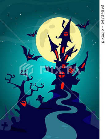 Scary cartoon haunted house on night background Scary cartoon haunted house on night background 64734893