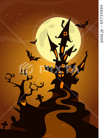 Scary cartoon haunted house on night background 64734894