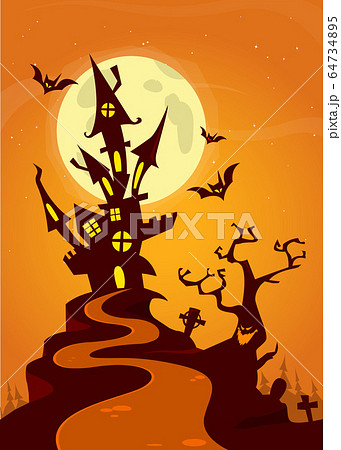 Scary cartoon haunted house on night background 64734895