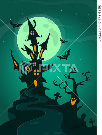 Scary cartoon haunted house on night background Scary cartoon haunted house on night background 64734896