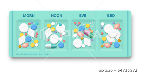 Pill box with to many drugs a day, symbol for overmedication, overdose, hypochondria, medical side effects, addiction to pills and big business of pharma industry. Isolated vector on white. 64735572