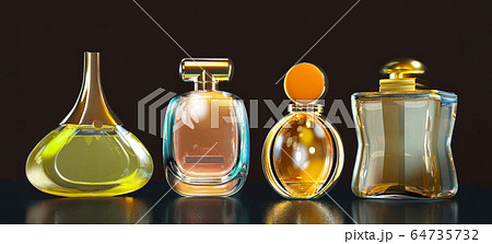 3d illustration perfume bottle stays on glass table with copy space on black background 3d illustration perfume bottle stays on glass table with copy space on black background 64735732
