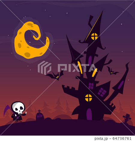Scary old ghost haunted house with cemetery and walkind cute death. Halloween card or poster. Vector cartoon illustration 64736761