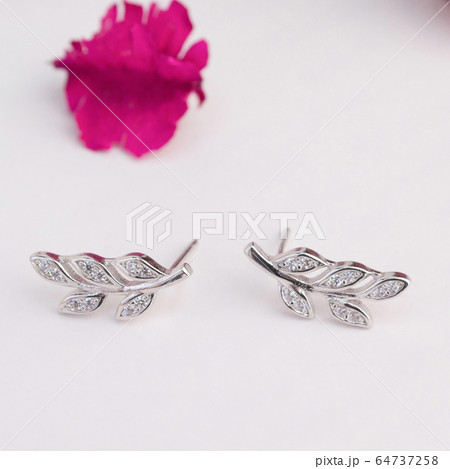 A pair of beautiful 925 sterling silver earrings  in the leaves shape decorated with diamond 64737258