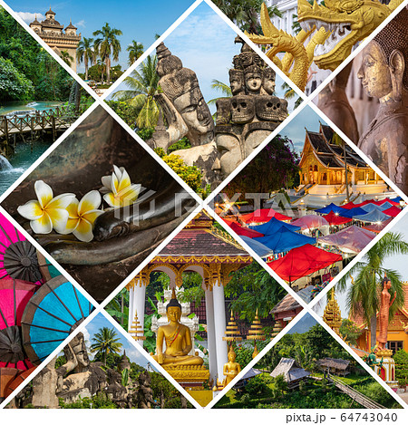 Collage of popular tourist destinations in Laos. 64743040