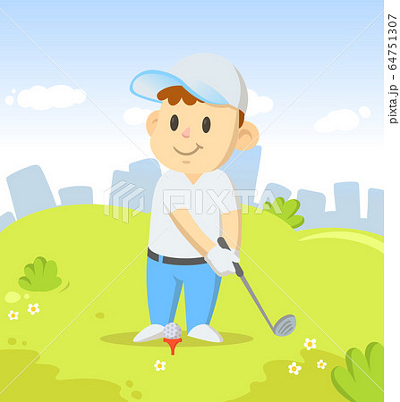 Young golf player with a club character standing in the city park. Sport and fitness. Cartoon vector flat illustration. Young golf player with a club character standing in the city park. Sport and fitness. Cartoon vector flat illustration. 64751307