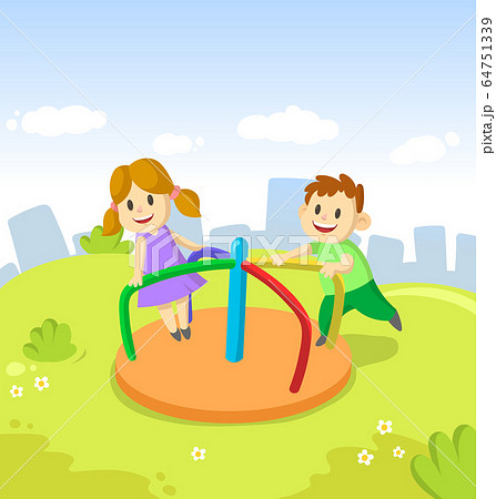 Girl and boy ride on small carousel in recreation park on city and blue sky backgroun. Children's games in amusement park. Funny cartoon characters. Cartoon vector flat illustration. 64751339