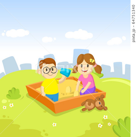 Children playing in the sandbox, boy and girl in city park. Cityscape with skyscrapers and blue sky, friends spending time outdoors, active leisure. Cartoon vector flat illustration. 64751340