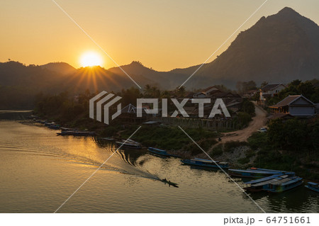 Aerial view of Nong Khiaw village at sunset, 64751661