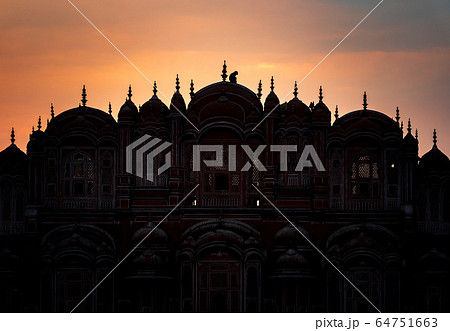 Silhouette of Hawa Mahal palace with monkey at 64751663