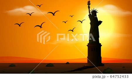 Silhouette scene with statue of liberty at sunset 64752433