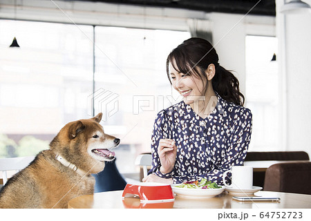 リビングルーム　女性　犬 64752723