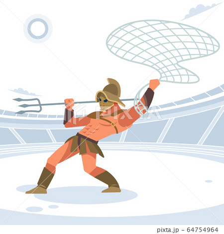 Gladiator in the arena with a grid and a Trident attacks. Vector isolated illustration. Flat cartoon style Gladiator in the arena with a grid and a Trident attacks. Vector isolated illustration. Flat cartoon style 64754964
