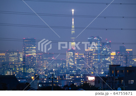 日本の東京都市景観　新型肺炎“都市封鎖”。“柵”（高圧電線）の奥に東京都心＝8日、緊急事態宣言実施 64755671
