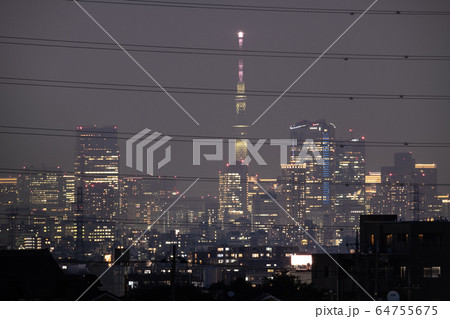 日本の東京都市景観　新型肺炎“都市封鎖”。“柵”（高圧電線）の奥に東京都心＝8日、緊急事態宣言実施 64755675