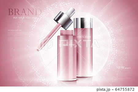 cosmetic product poster, bottle package design with moisturizer cream or liquid, sparkling background with glitter polka, vector design. 64755872