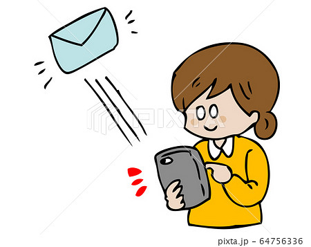 スマートフォンでメール送信する女性のイラスト素材