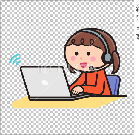 オンライン授業を受ける女の子 パソコン Pcのイラスト素材