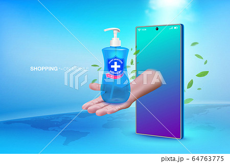 Buy alcohol handwash liquid online on mobile phone. Realistic file. 64763775