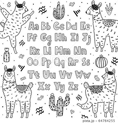 Black And White Alphabet With Cute Llamas Abc のイラスト素材