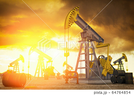 Oil pump jack and oil barrels. Oil production and 64764854