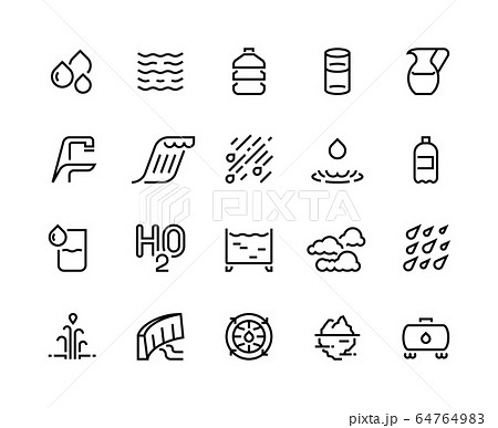 Water line icons. Bottle and glass of liquid, rain drops clouds and shower, water sources such as iceberg geyser, water tank and barrel. Vector sign Water line icons. Bottle and glass of liquid, rain drops clouds and shower, water sources such as iceberg geyser, water tank and barrel. Vector sign 64764983