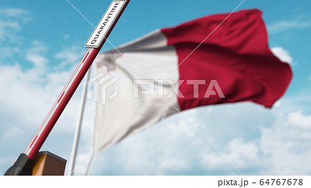 Opening boom barrier with QUARANTINE sign against the Maltese flag. Unrestricted entry in Malta. 3D rendering Opening boom barrier with QUARANTINE sign against the Maltese flag. Unrestricted entry in Malta. 3D rendering 64767678