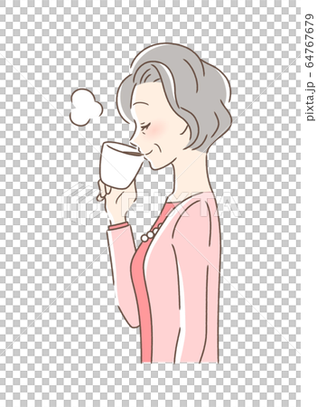 マグカップのコーヒーを飲む女性の横顔 64767679