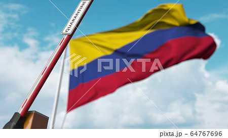 Open boom gate with QUARANTINE sign on the Colombian flag background. Lockdown end in Colombia. 3D rendering 64767696