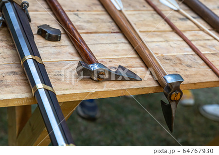 range of weapons set battle viking ax, musket 64767930