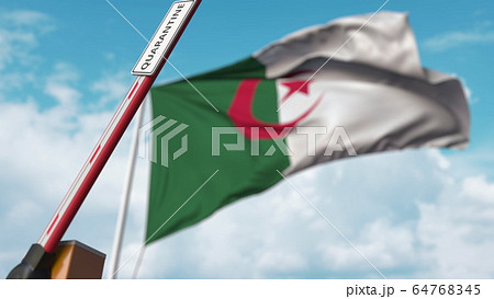 Barrier gate with QUARANTINE sign being open with flag of Algeria as a background. Algerian Lockdown end. 3D rendering Barrier gate with QUARANTINE sign being open with flag of Algeria as a background. Algerian Lockdown end. 3D rendering 64768345