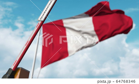 Opening boom barrier with QUARANTINE sign against the Peruvian flag. Lockdown end in Peru. 3D rendering Opening boom barrier with QUARANTINE sign against the Peruvian flag. Lockdown end in Peru. 3D rendering 64768346