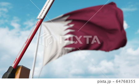 Barrier gate with QUARANTINE sign being open with flag of Qatar as a background. Qatari Lockdown end. 3D rendering Barrier gate with QUARANTINE sign being open with flag of Qatar as a background. Qatari Lockdown end. 3D rendering 64768355