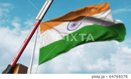 Barrier gate with QUARANTINE sign being open with flag of India as a background. Indian Lockdown end. 3D rendering 64768376