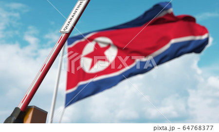 Open boom gate with QUARANTINE sign on the North Korean flag background. Lockdown end in North Korea. 3D rendering Open boom gate with QUARANTINE sign on the North Korean flag background. Lockdown end in North Korea. 3D rendering 64768377