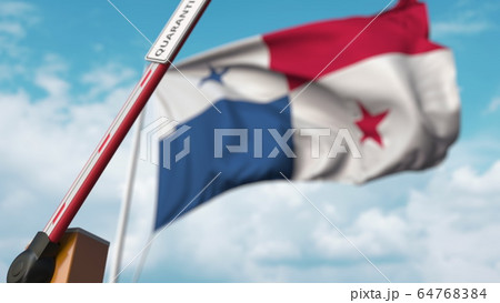 Barrier gate with QUARANTINE sign being open with flag of Panama as a background. Panamian Lockdown end. 3D rendering 64768384