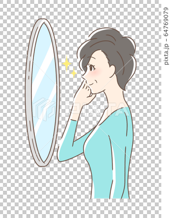 A woman smiling and looking into the mirror A woman smiling and looking into the mirror 64769079